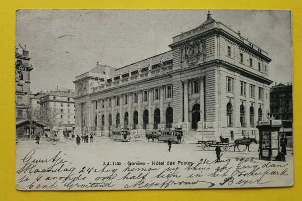 Ansichtskarte AK Genf / Post / 1905-1915 / Postgebäude – Pferdestraßenbahn – Kiosk – Straßenansicht